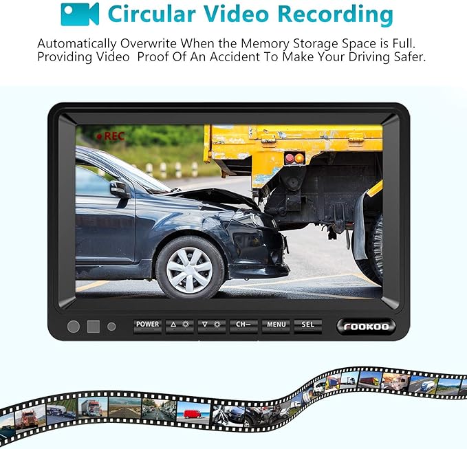 Fookoo Ⅱ 7" 1080P Wired Backup Camera System, 7-inch HD Dual Split Screen Monitor W/Recording IP69 Waterproof Front/Rear View Cameras Parking Lines for Truck/Trailer/RV (FHD2)