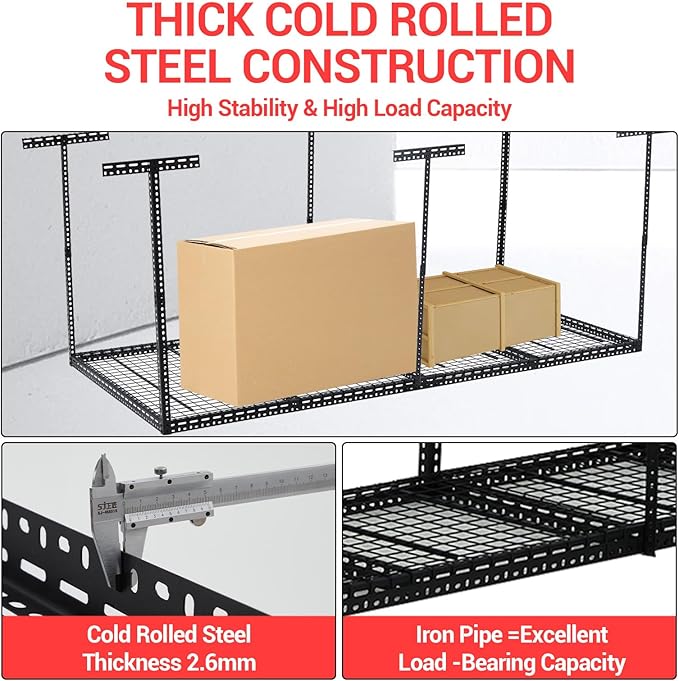 Overhead Garage Storage Rack, Heavy Duty Ceiling Storage Racks for Garage, Adjustable Height, 660LBS Weight Loading,4x8 FT Hanging Organizer Shelving for Warehouse Basement, Black