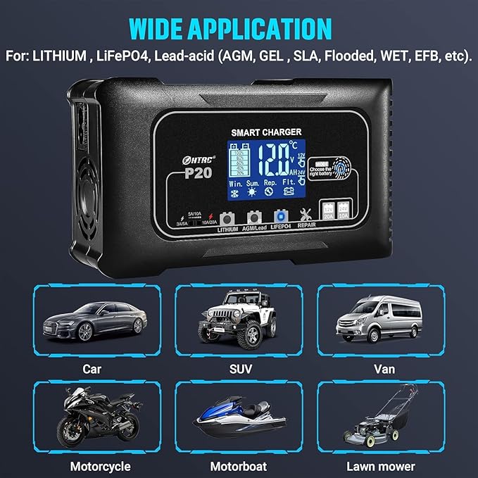 20Amp Smart Lithium Battery Charger, 12V and 24V, Lifepo4, Lead-Acid (AGM/Gel/SLA.) Car Battery Charger, Maintainer Cycle Charger Trickle Charger Battery Desulfator for Boat, Motorcycle