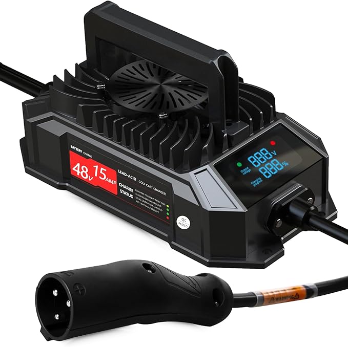 Xislet 15 AMP 48 Volt Golf Cart Battery Charger Compatible with 1995-2025 Club Car Precedent & DS, Round Plug Cable, Lightweight, Waterproof, LED Screen Display, for Lead Acid Battery - Black