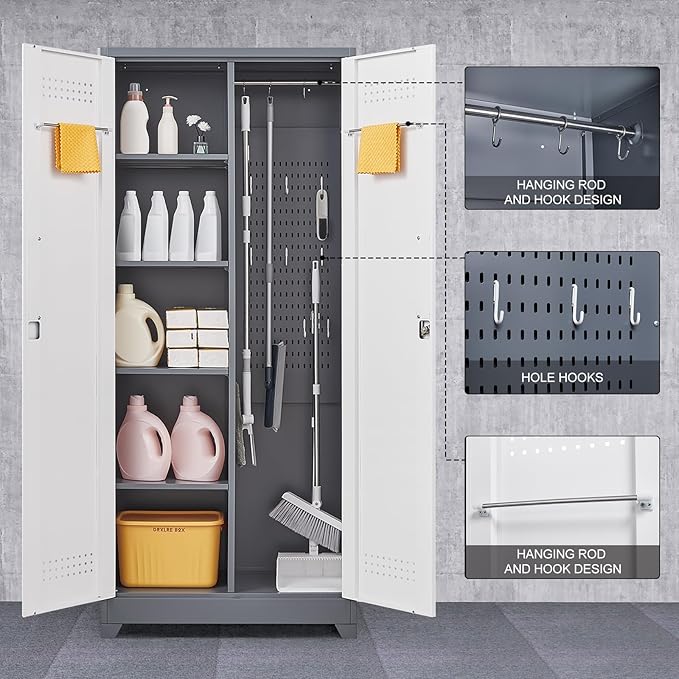 GREATMEET 72.8" Broom Storage Cabinet, Utility Cabinets for Brooms and Mops, Metal Storage Cabinets for Cleaning Supplies, Utility Closet for Garage, Grey&White