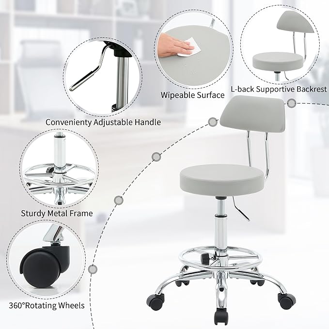 Drafting Stool (Height Adjustable Office Chair with Footrest 19.5’’-26.6’’)(Drum Stool with Back) Space Saving Tattoo Chair (Gray)