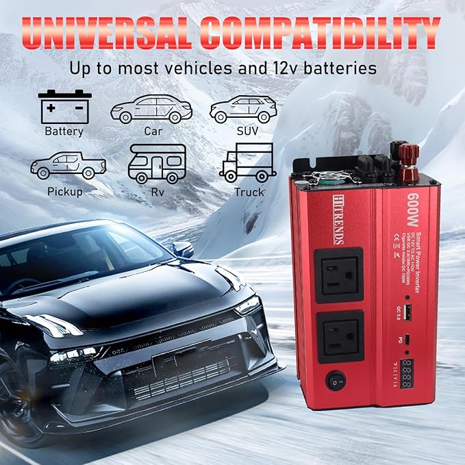HITRENDS 600W Inverter for Car Power Inverters, 12V DC to 110V AC Converter with 3.0 A USB & PD 30W Type-C Port & 2 AC Outlets, 12 Volt Battery Inverter Car Cigarette Lighter for RV Truck