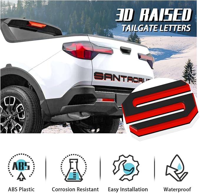 Tailgate Insert Letters Compatible for 2022 2023 2024 2025 Santa Cruz 4D Raised Tailgate Decal Letters (Double Layer Red Edge Black Faced)