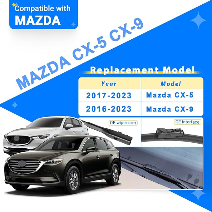 Windshield Wiper Blades Replacement for Mazda CX-5 CX-9 2017 2018 2019 2020 2021 2022 2023 CX5 CX9 Original Factory Quality Front Rear Wipers Blade Set for My Car - 24" 18" 14" (Pack of 3)