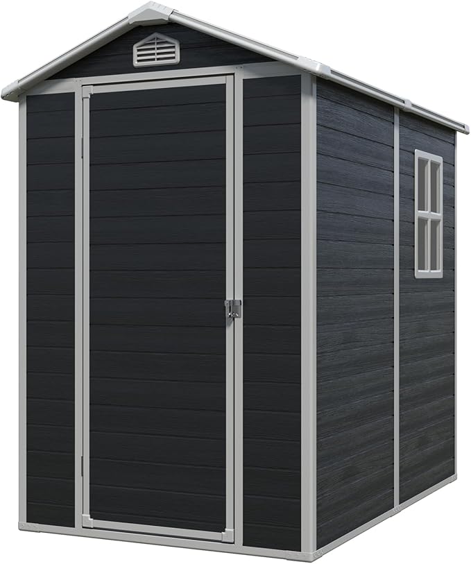 4x6 FT Outdoor Storage Shed, Resin Garden Shed with Thick Floor, Plastic Storage Shed with Window, Waterproof Outside Tool Shed with Lockable Hinged Door for Backyard, Patio, Lawn, Black