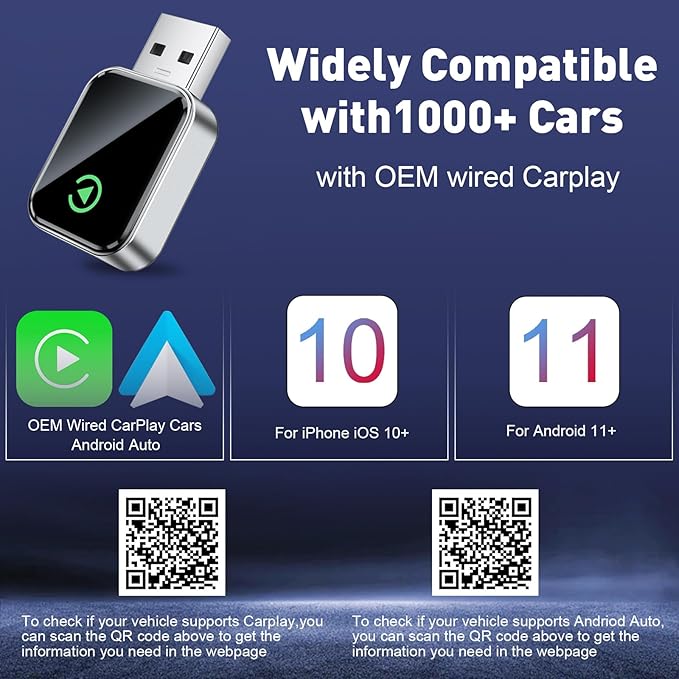 Wireless CarPlay Adapter for Apple iPhone, Fast Auto-Connect, No Latency, Plug and Play, Bluetooth 5.3 & WiFi 6, 2025 Mini Car Play Dongle for iPhone 6~16, Fit for 1000+ Cars, USB A/C