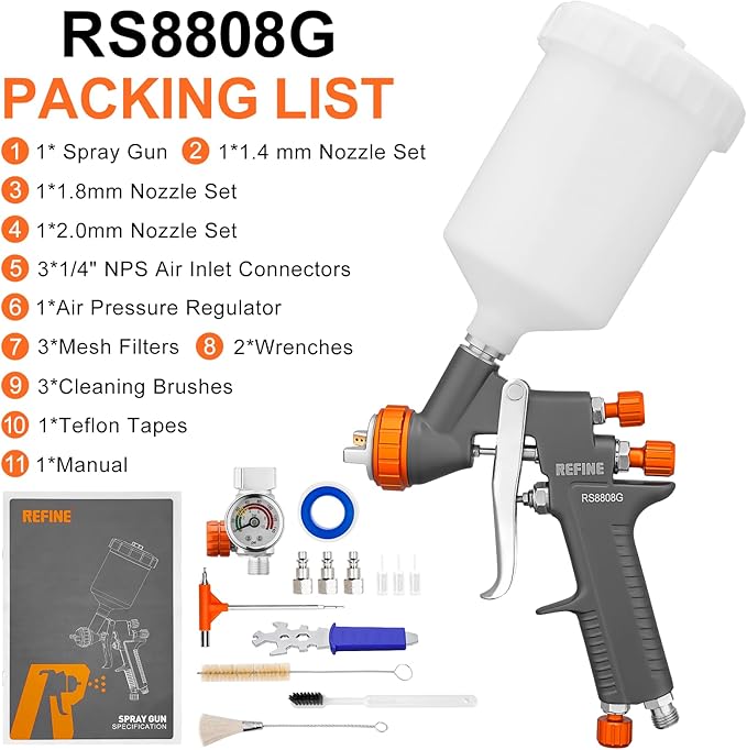 REFINE Air Spray Gun, Auto Paint Gun with 1.4/1.8/2.0mm Nozzle, Professional Automotive Spray Gun, Air Compressor Auto Body Paint Sprayer for Cars, House, Furniture Painting with Air Pressure Gauge