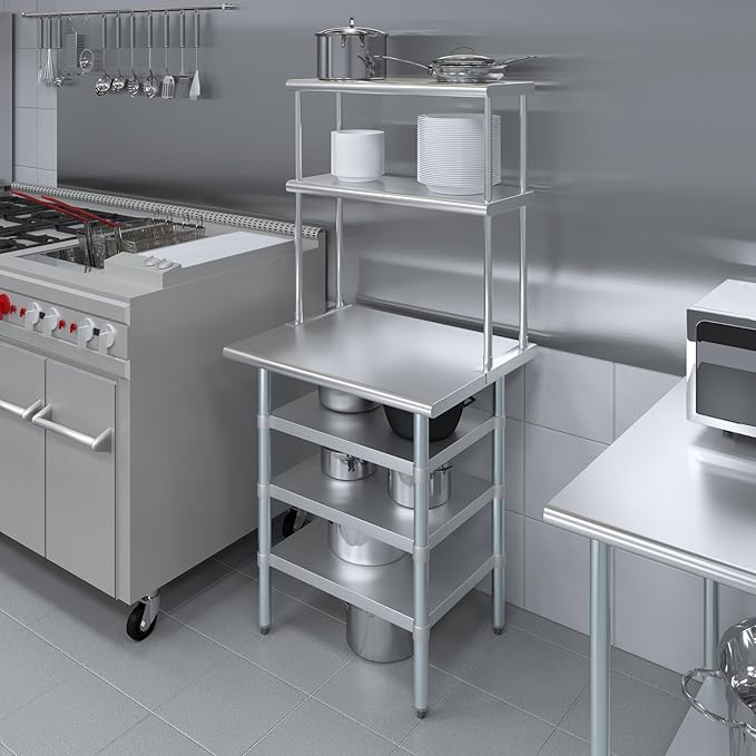Amgood 24" x 30" Stainless Steel Work Table with 3 Shelves and 12" Wide Double Tier Overshelf | Metal Kitchen Prep Table & Shelving Combo | NSF