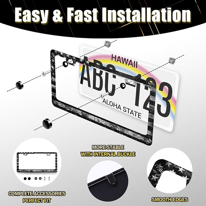 Vintage Black Grey American Flag License Plate Frame Patriotic License Plate Holder Stainless Steel Funny License Plate for USA Canada 6.3" X 12.3" with 2 Holes and Screws