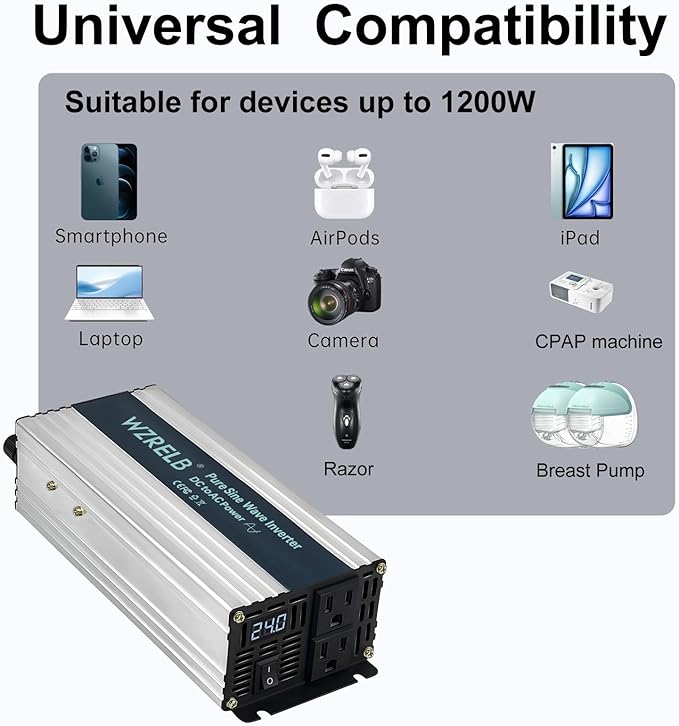 WZRELB 1200W Pure Sine Wave Inverter 24V DC to 110V 120V AC Power Converter with LED Display, Off-Grid Portable Power Inverter with 2 AC Outlets for Home, RV, Truck, Camping