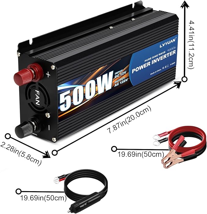 LVYUAN 500 Watt Pure Sine Wave Power Inverter 12V to 110V/120V DC to AC Converter with Dual Sockets, Dual USB Ports, LED Display for Home Outdoor RV Car Power Inverter Power Adapter