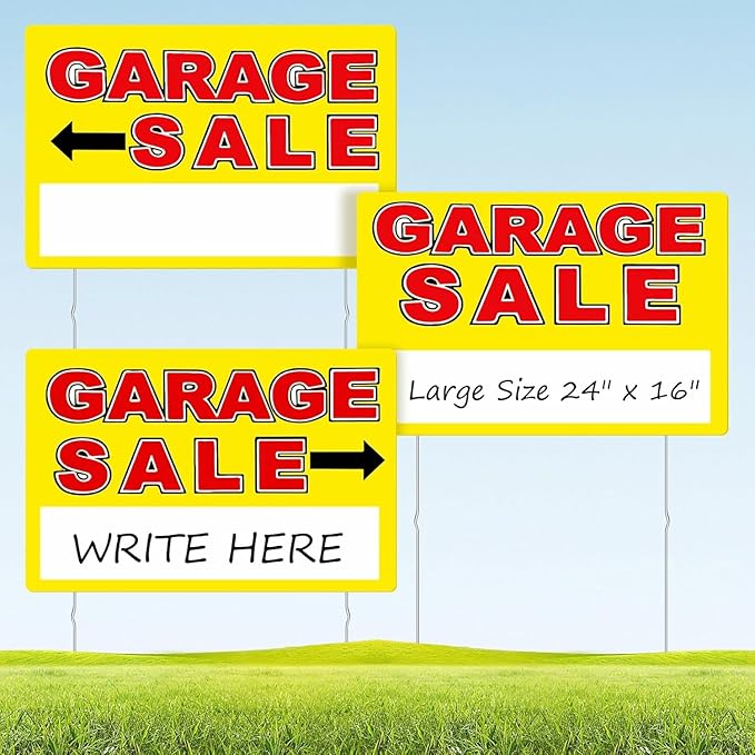 Garage Sale Sign, Large Size 24" x 16" Garage Sale Signs with Stakes, 3PCS Double-Sided Large for Sale Sign with Directional Arrow, Corrugated Plastic Weatherproof Suitable for Yard Sale