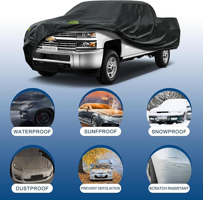 KouKou Truck Cover Waterproof All Weather, 7 Layers Heavy Duty Pickup Cover Outdoor, Length up to 210 inches,Universal Fit Truck Short Regular Bed Ford F150,F100,Chevy C10 S10 etc.