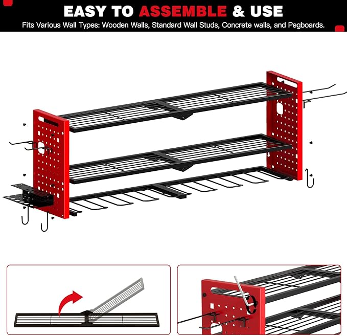 Power Tool Organizer Wall Mount,Cordless Drill Hanger Storage Rack 8 Drill Holder,3 Layers Heavy Duty Power Tool Storage Rackr(Red)