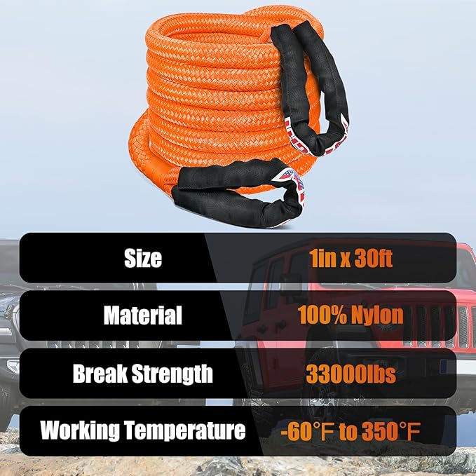 Nilight Kinetic Recovery Rope 33000 LBS 1" x 30ft Snatch Strap Heavy Duty Offroad Towing Starp Kit Vehicle Recovery kit for UTV ATV SUV Truck Car Jeep Tractor