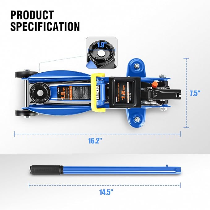 DNA MOTORING Low Profile Hydraulic Trolley Service/Floor Jack, 1.5 Ton (3000 lbs) Capacity, Lifting Range 5.3"-12",Blue,TOOLS-00327