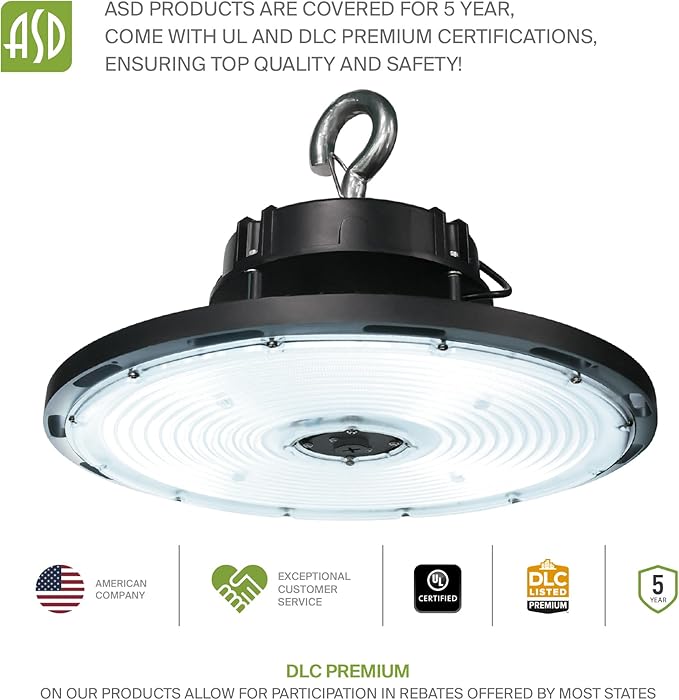 ASD LED High Bay UFO Light Fixture, Commercial Shop Lighting | Dimmable, IP69K Waterproof, DLC Premium, UL Listed | 500W 71400LM 5000K 100-277V | Warehouse, Garage, Workshop Lamp | Black