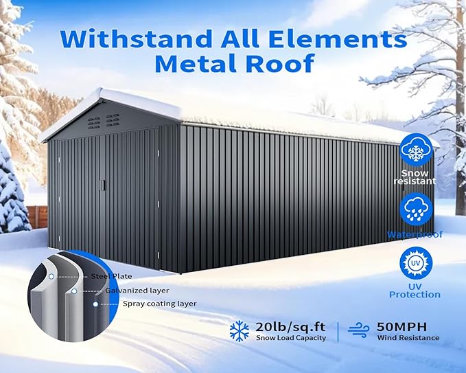 20x13 Metal Shed, Metal Garage Building with 2 Lockable Doors, Prefab Garage Shed with 4 Air Vents, Large Sheds & Outdoor Storage Clearance, Car Sheds for Truck, Tool, Lawnmower, Black