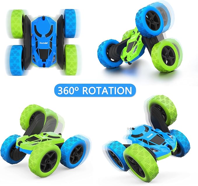 Remote Control Car for 6-12 Year Old Double Sided 360°Rotating 4WD RC Cars with Headlights 2.4GHz Electric Rechargeable Race Stunt Toy Car for Boys Girls Birthday (Blue&Green)