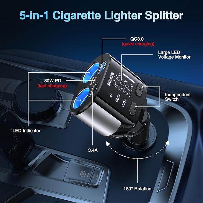 5 in 1 USB C Car Charger Adapter with 30W Type-C Cable, BUVAYE Fast Charge Cigarette Lighter Splitter 2-Socket, Dual Car Cigarette Lighter Adapter, 12V/24V Splitter for Car GPS Dash Cam Phone (CL48TC)