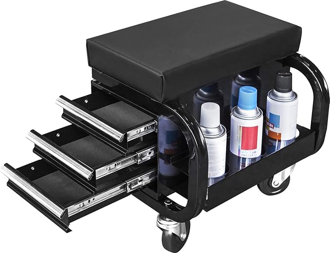 Torin APD2016AB Rolling Tool Chest/Tool Box with 3 Drawers and Wheels, Padded Mechanic Stool Creeper Seat, Black