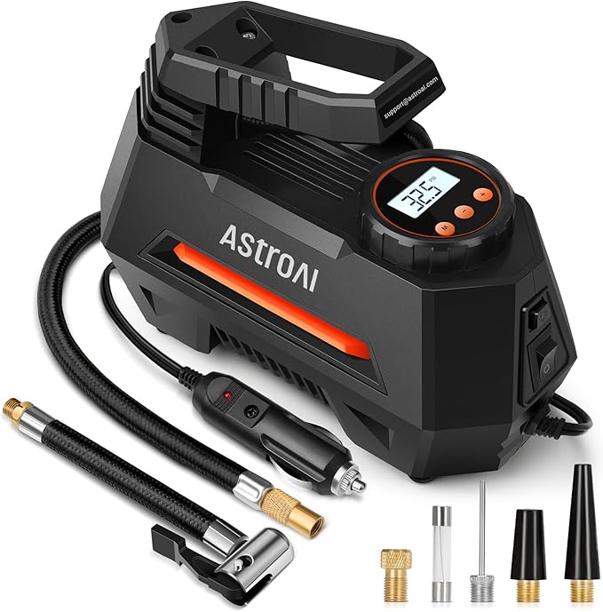 AstroAI Tire Inflator Portable Air Compressor Tire Air Pump for Car Tires - Car Accessories, 9.8Ft 12V DC-Powered Auto Pump with Digital Pressure Gauge, LED Light for Bicycle, Balloons, Orange