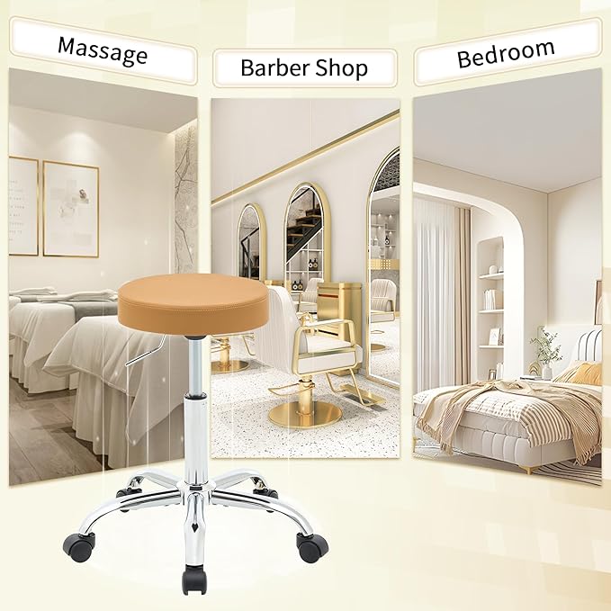 Rolling Massage Chair, Adjustable Hair Cutting Stool 19.5’’-26.6’’, Camel Brown Vanity Stool with Wheels (Camel Brown)