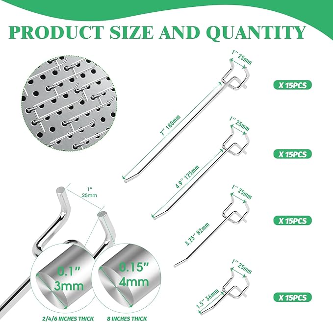 60Pcs 2" 4" 6" 8" Pegboard Hooks Assortment Set, Metal Peg Board Hooks with 2.5mm Hole Pitch 4mm Wire Diameter Slatwall Hanging Hook for Garage Organization Wall Hanging (Silver)