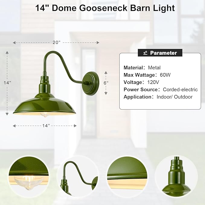 14in Outdoor Gooseneck Lights for Farmhouse, Barn Style Goose Neck Wall Light Fxiture with Wall Mount, Olive Green Exterior Porch Sconce for Patio, Garage, House