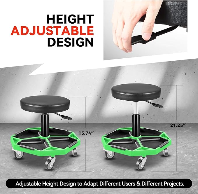 Auto Dynasty Mechanic Stool, Adjustable Rolling Pneumatic Creeper Garage Shop Seat with Tool Tray, 300 LBS Roller Seat for Workshop Auto Repair, Adjustable Height 15.7" to 21", Green