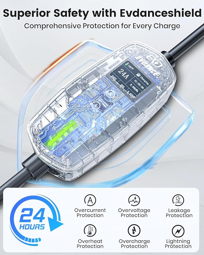 Level 2 EV Charger for Tesla Models, 24Amp 240V NEMA 14-30 Plug, 25FT Cable with Remote-Open Charge Port, 6-24A Adjustable EV Charging Station for Home/Garage Use, IP66 Waterproof
