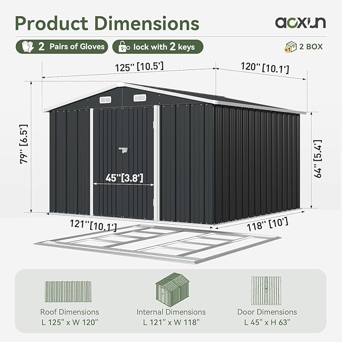 10x10 FT Shed Outdoor Storage Shed with Base, Large Shed Steel Utility Tool Shed Storage House with Door & Lock, Metal Sheds with Sloped Roof for Garden Patio Poolside, Black