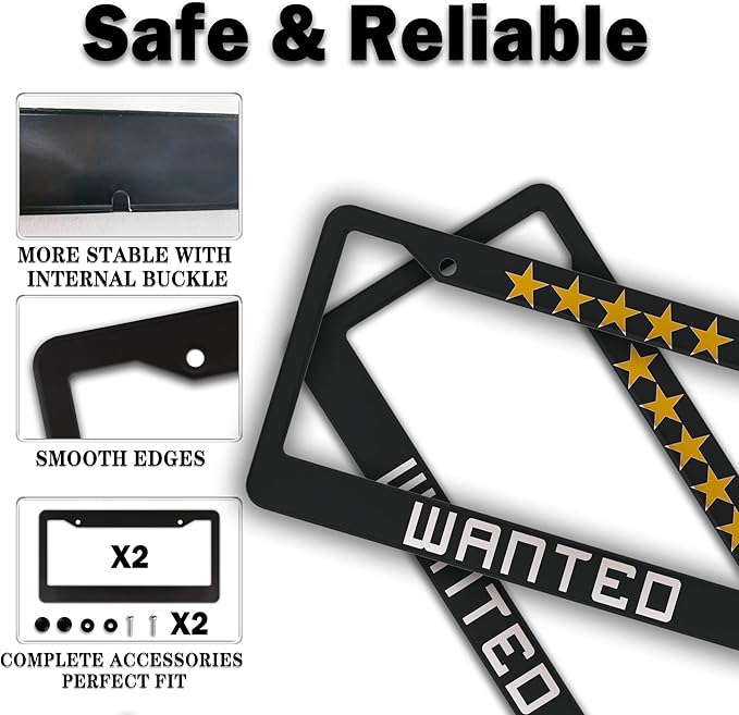 License Plate Protector Black, White, Yellow License Plate Frames Wanted Universal Aluminum Car Accessory 2 Pack with Screw Covers Set
