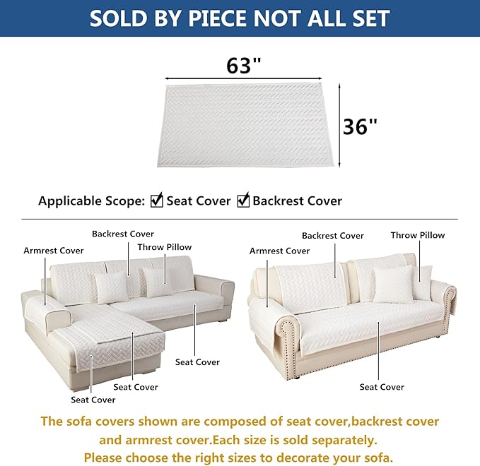 Eismodra Couch Cover,Sectional Couch Covers,Sofa Covers for 3 Cushion Couch,Anti-Slip Sofa Slipcovers for Dogs Cats Kids Loveseat Recliner L Shaped Armrest Backrest,White 36''x63''(Only 1 Piece)