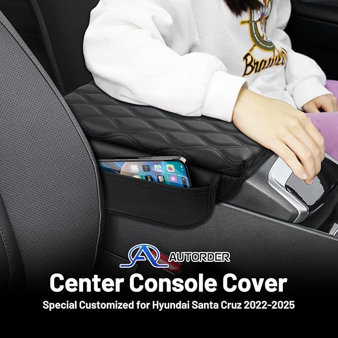 Autorder Center Console Cover for 2022-2025 2026 Hyundai Santa Cruz Accessories Armrest Cushion Cover with Pockets Storage Bag Nappa Leather Middle Console Covers Anti-Scratch Cushion Pad