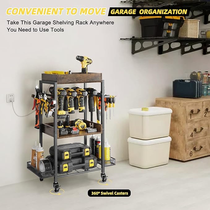 Power Tool Organizer Garage Storage Organization Shelving Tool Holder Drill Rack Shelf Rolling Cart Open Tool Chest Cabinet Box Organizer with Wheels Workshop Garage Gift Ideas for Men Dad