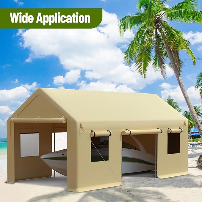 10 x 20ft Heavy-Duty Carport with Roll-Up Windows & Removable Sidewalls & Doors Thickened Wind Ropes, Ground Nails, Portable Car Tent Garage for Cars, Trucks, Boats, 180G Durable Tarp Cover,Yellow