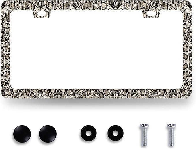 Snake Skin Print License Plate Frame Brown Animal Texture License Plate Holder Funny License Plate for Car Decoration Stainless Steel Snakes Car Accessory with Screws Men Women 12.3" x 6.3"
