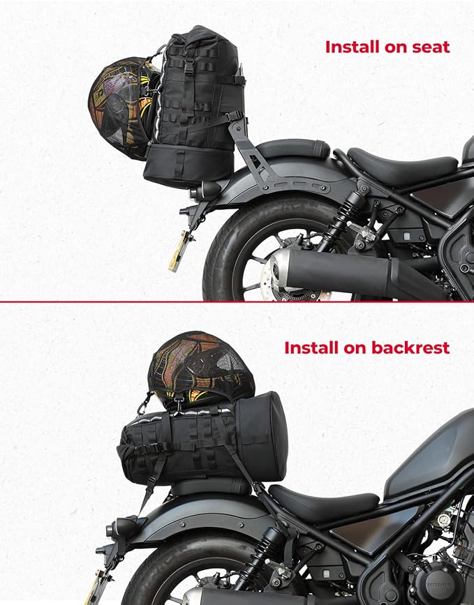 KEMIMOTO Motorcycle Sissy Bar Backrest Bag Upgraded Version, 37L Expandable Capacity PU Leather Motorcycle Tail Bag with Rain Cover, Luggage Backpack with Helmet Net & Shoulder Strap, Black