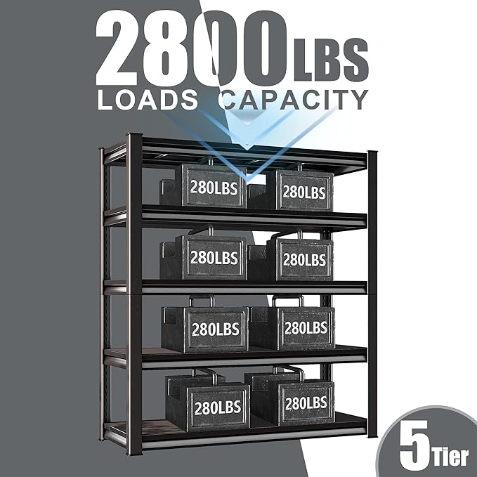 78" H Garage Shelving Heavy Duty，2800LBS Loads Adjustable Garage Storage Shelves,5-Tier Metal Storage Racks and Shelving Units, Utility Rack Shelves,48”W x 18”D x 78”H,Black