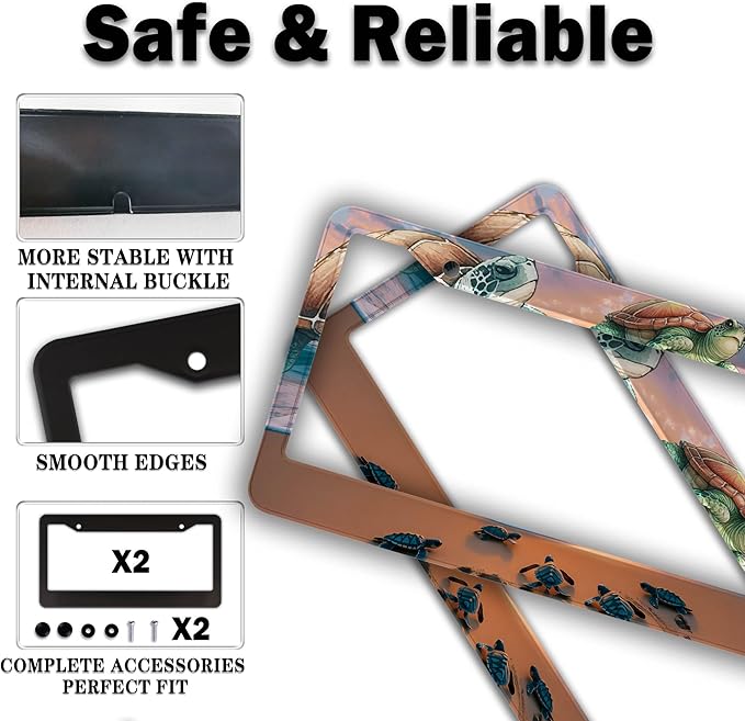 License Plate Frames Multicolor Fun License Plate Frame Protector Turtle Beach and Ocean Universal Aluminum Car Accessory 2 Pack with Screw Covers Set