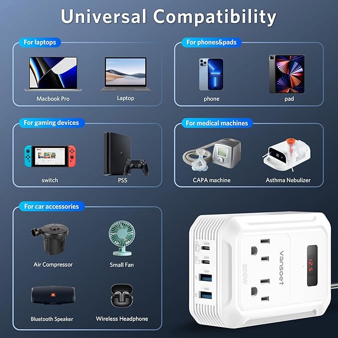 200W Car Power Inverter DC 12V to 110V AC Inverter with PD 65W/30W USB C & 2 QC 18W USB Ports & 2 AC Outlets,Car Pluɡ Adapter Outlet for Laptop/Phone/Road Trip