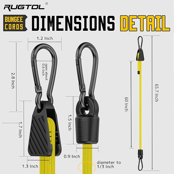 Bungee Cords with Hooks, 60 Inch Yellow Adjustable Bungee Cords with Carabiner Heavy Duty Outdoor, 8mm Thick Easy to Adjust Bungee Rope UV Resistant for Tarp, Bike Rack, Garden, Tension, 6 Pack