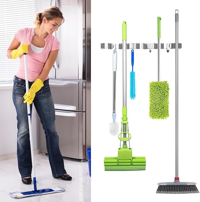 Broom Holder Wall Mount, Broom Organizer Wall Mount Stainless Steel Broom and Mop Hanger Heavy Duty Storage Organization for Home Kitchen Garden Garage Room 5 Racks 4 Hooks (1Pack)(Black Racks)