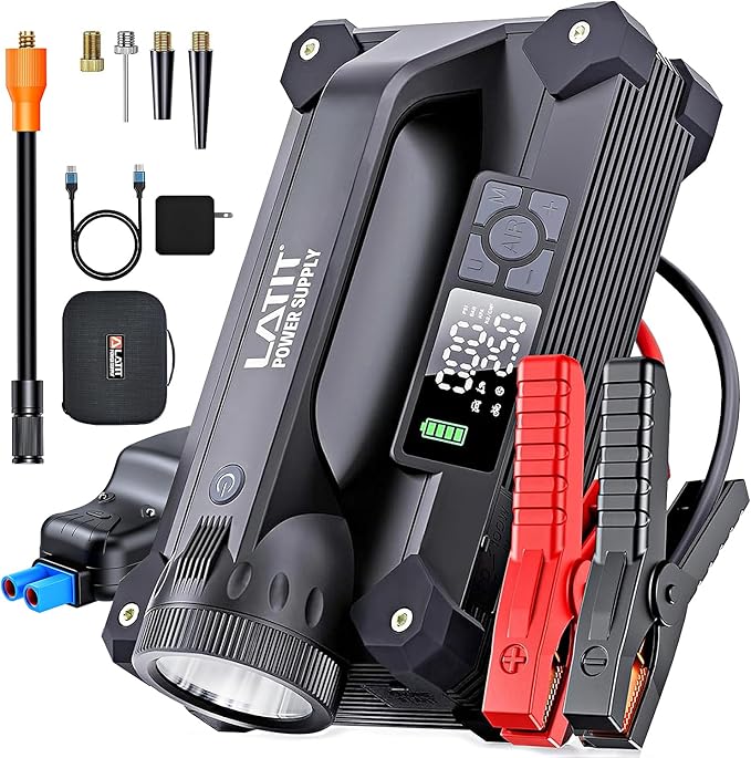 LATIT 6000A Jump Starter with Air Compressor 150PSI 65W Charger, 12V Battery Jumper Starter Pack Portable (10L Gas/8L Diesel), 103.6Wh Jump Box Battery Charger with LCD Display, Lights 2000 LM