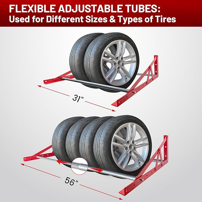 ROBLOCK Adjustable Tire Rack Wall Mount for Garage, Wheel Spare Tire Carriers with Heavy Duty Steel, Adjustable Length(31"-56"), Red