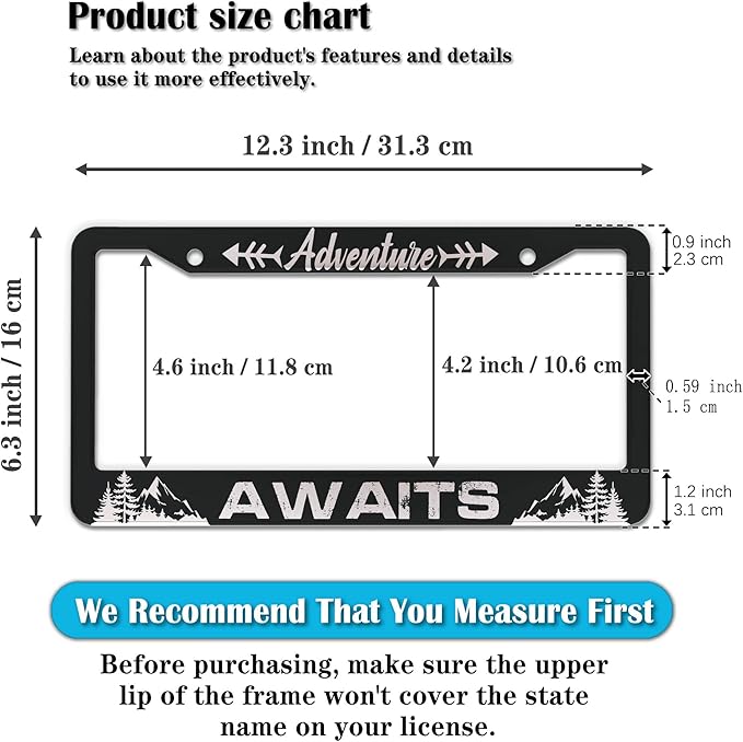 License Plate Frames for Men Black and White Car Plate Frames for Women Adventure Awaits Aluminum Metal Car Accessory 2 Pack with Screw Covers Set