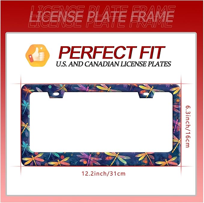 Dragonflies License Plate Frame Funny Dragonfly License Plate Frames Stainless Steel Accessories Cars Decor with 2 Holes and Screws Fits Standard Us Ca Vehicles License Plate Holder 12.2 X 6 Inch