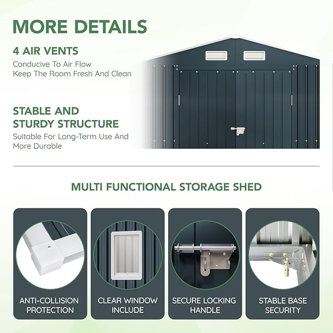 6X8X6.4FT Outdoor Steel Storage Shed with Lockable Doors, Frame Floor (No Wood/Other Boards),One Clear Window,Ideal for Garden, Backyard, Patio Storage